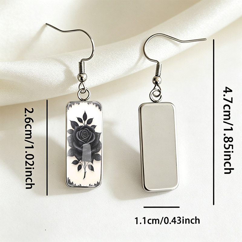 Vintage Black Rose Rectangle Glass Dangle Earrings, Handmade